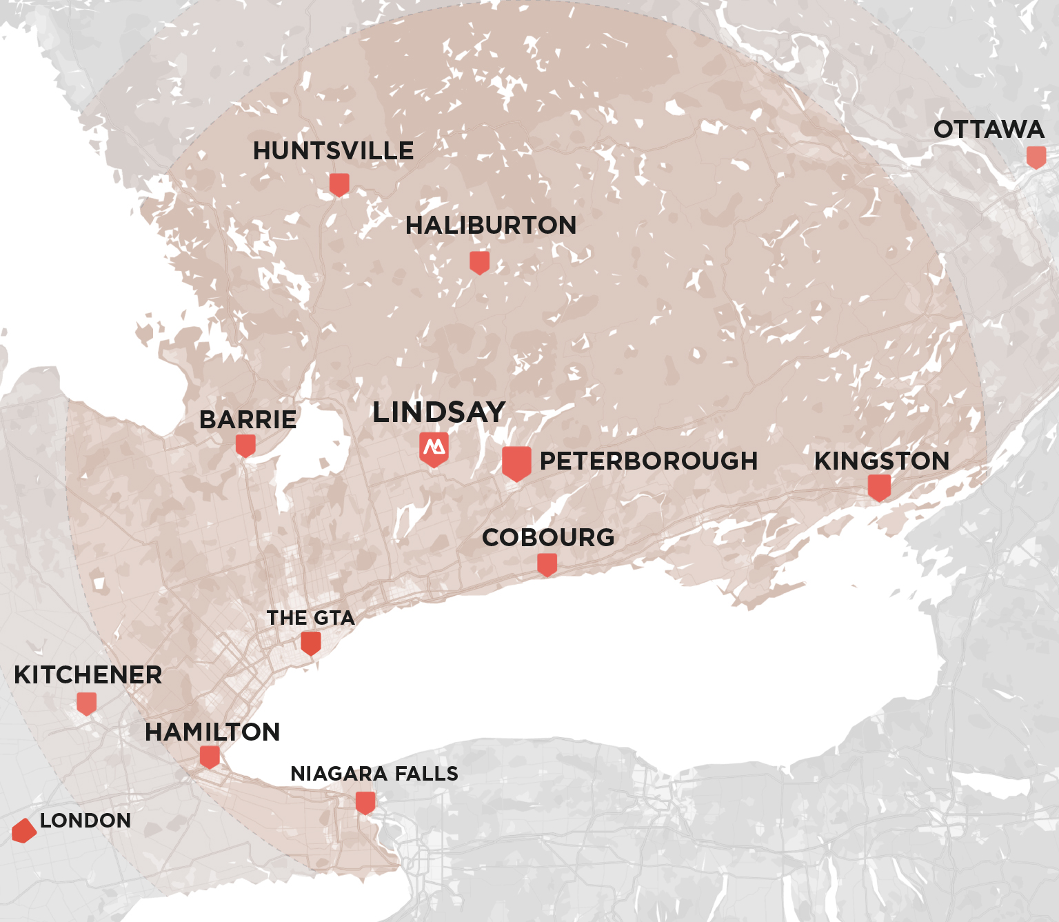 A map of Southern Ontario, including Lindsay, Peterborough, Cobourg, Kingston, Ottawa, Haliburton, Huntsville, Barrie, the GTA, Hamilton, Niagara Falls, Kitchener, and London. Mariposa Electric's operating area.